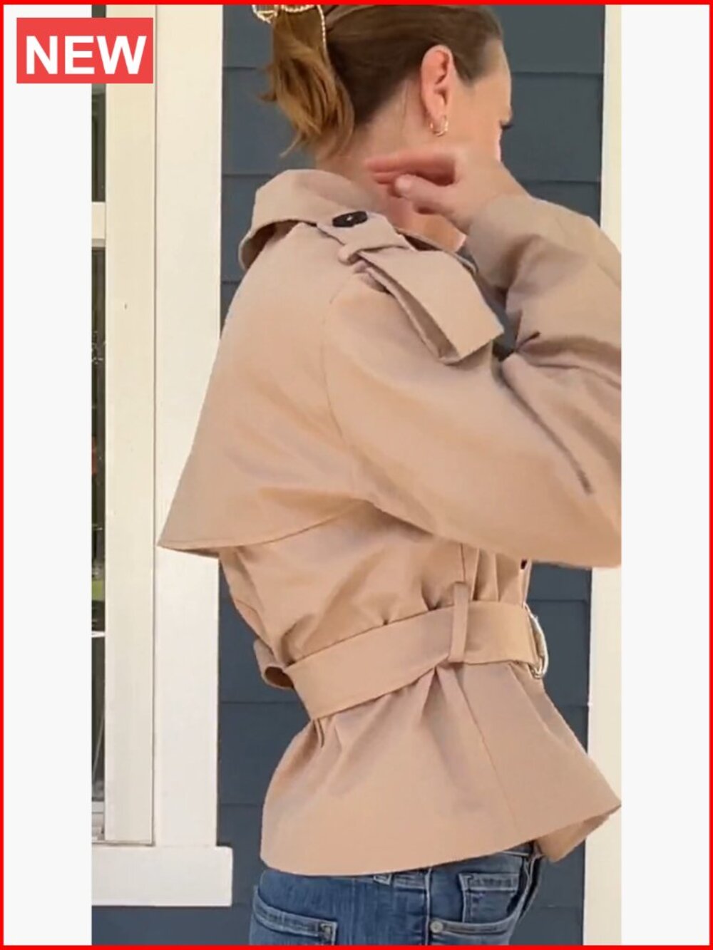 Women's Cropped Trench Coat Double Breasted Short Work Jacket with Belt - Picture 4 of 4